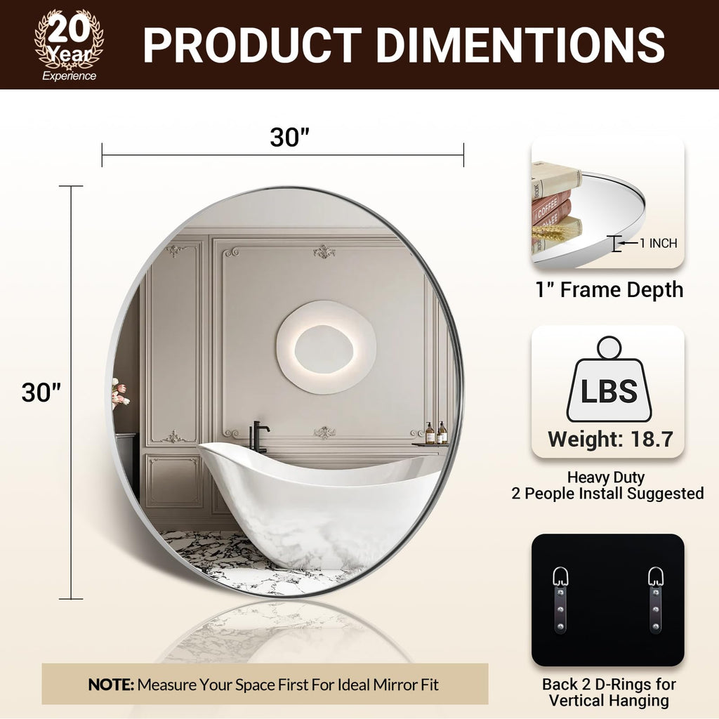 Round Chrome Mirror, 30 inch Round Chrome Mirror, Circle Bathroom Mirror in Stainless Steel Metal Frame
