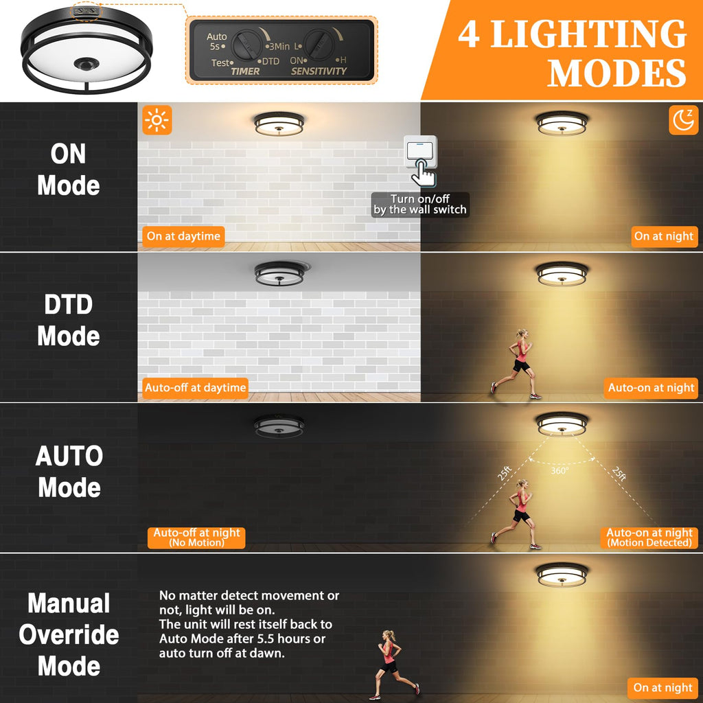 12 Inch LED Motion Sensor Outdoor Ceiling Light for Porch, Black