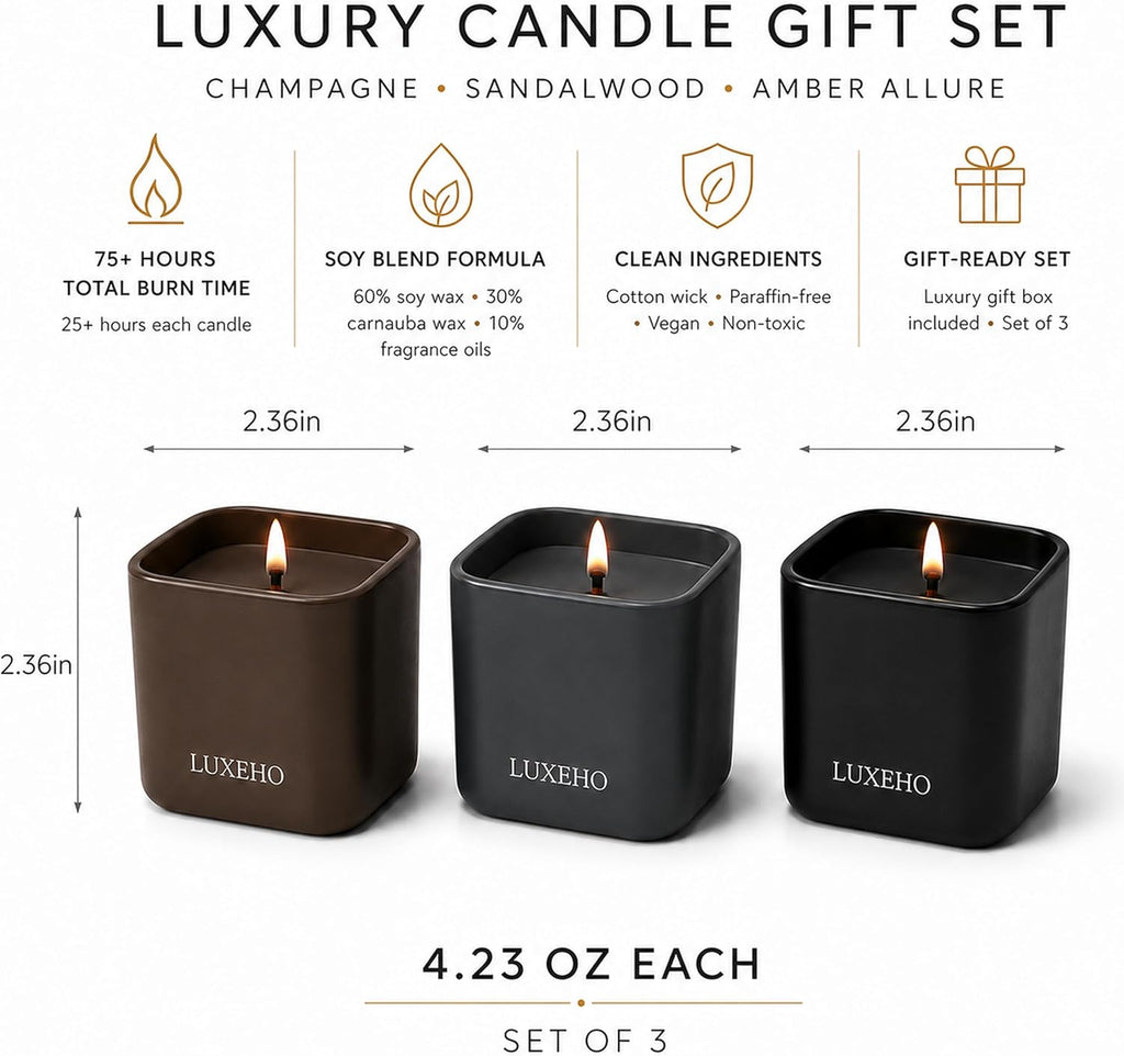 Luxury Scented Candle Set 3-Pack | Home Decor & Giftable Soy Candles | Champagne, Sandalwood & Amber | 75h Burn Time