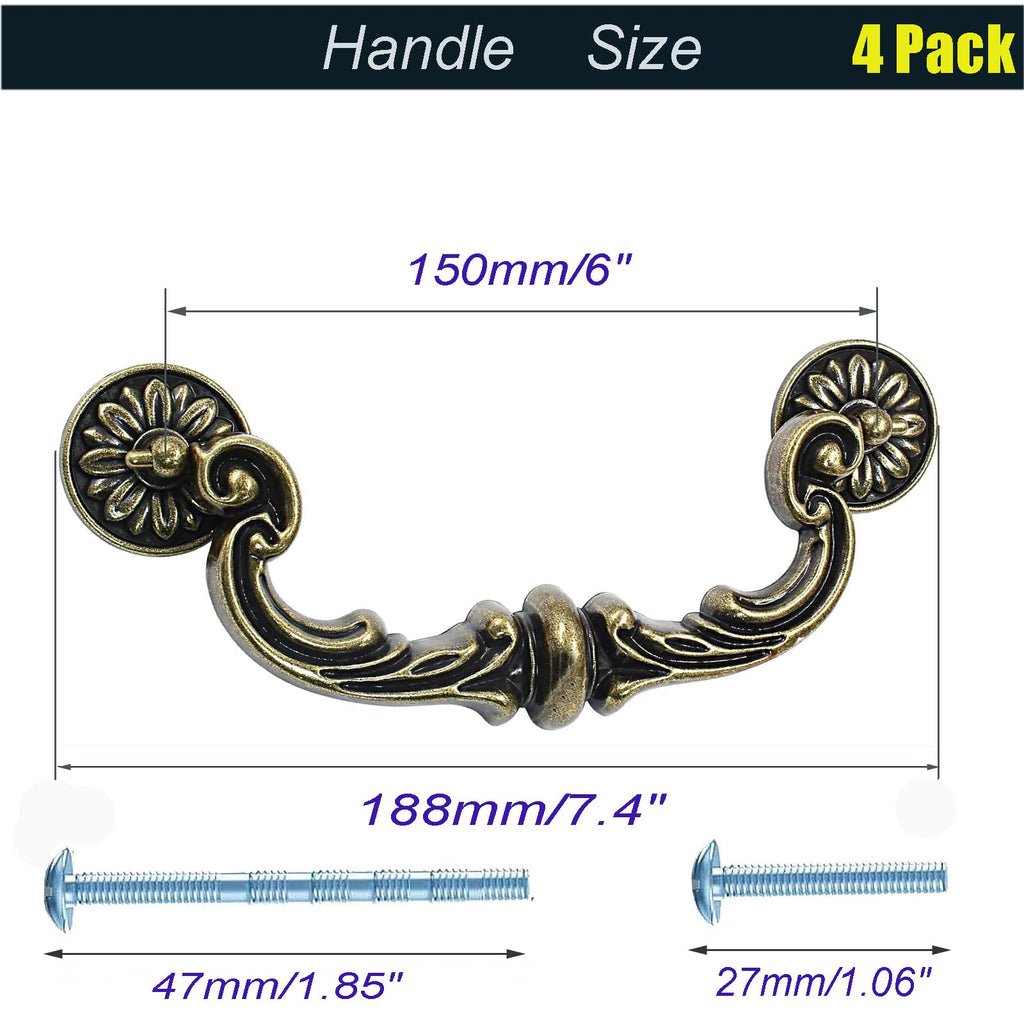 4Pcs Vintage Drop Bail Pull Handles- 6 Inch Hole Center Antique Bronze Cabinet Drawer Pulls, Heavy Duty Zinc Alloy