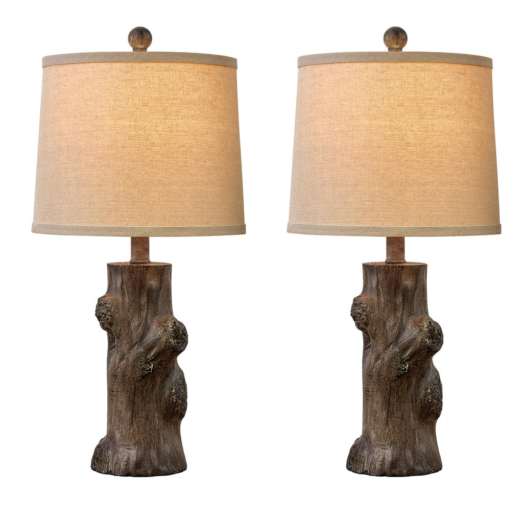 23"Resin Table Lamps Set of 2 Country Cottage Farmhouse Lamp Tree Trunk Wood Grain with Oatmeal Fabric Round Shade