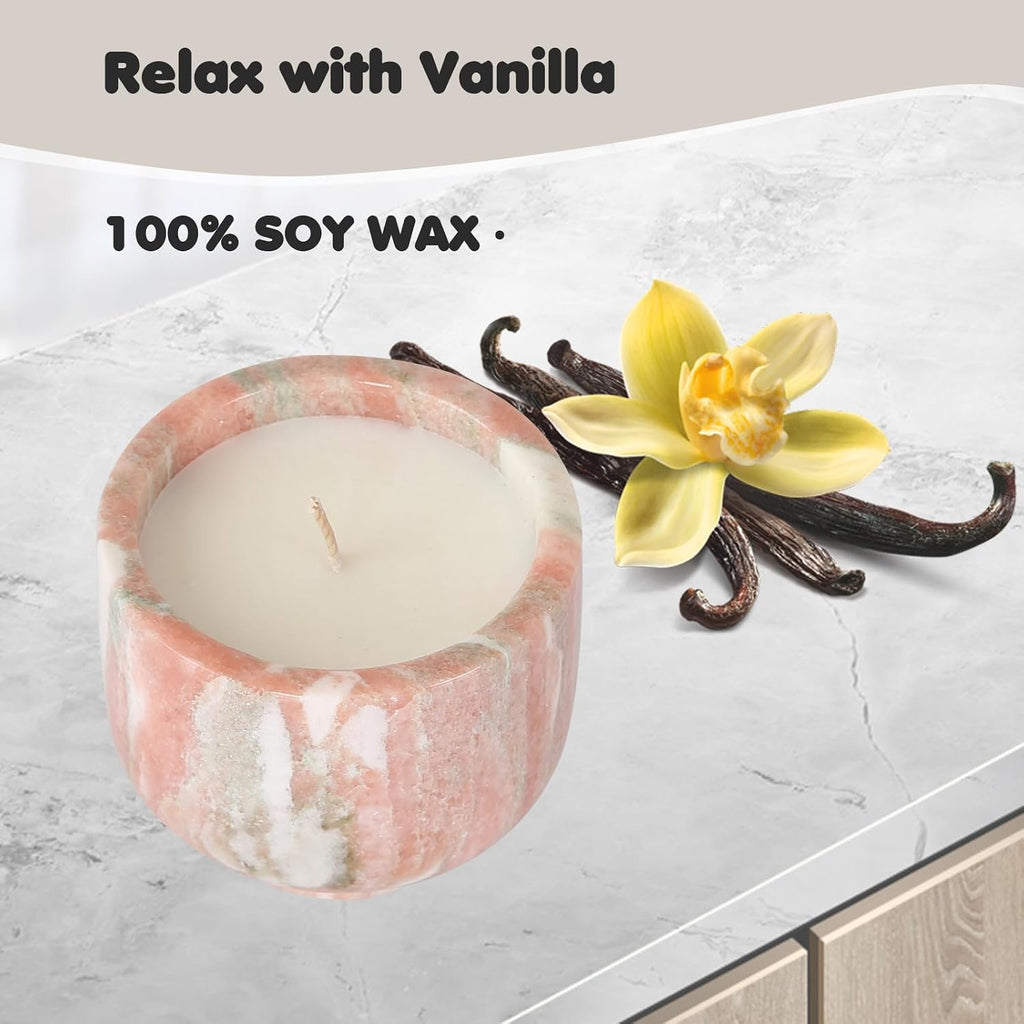 Natural Stone Candle | Handcrafted Red Marble Container | Warm Glow Home Decor | Soy Wax | Non Toxic, Cotton Wicks