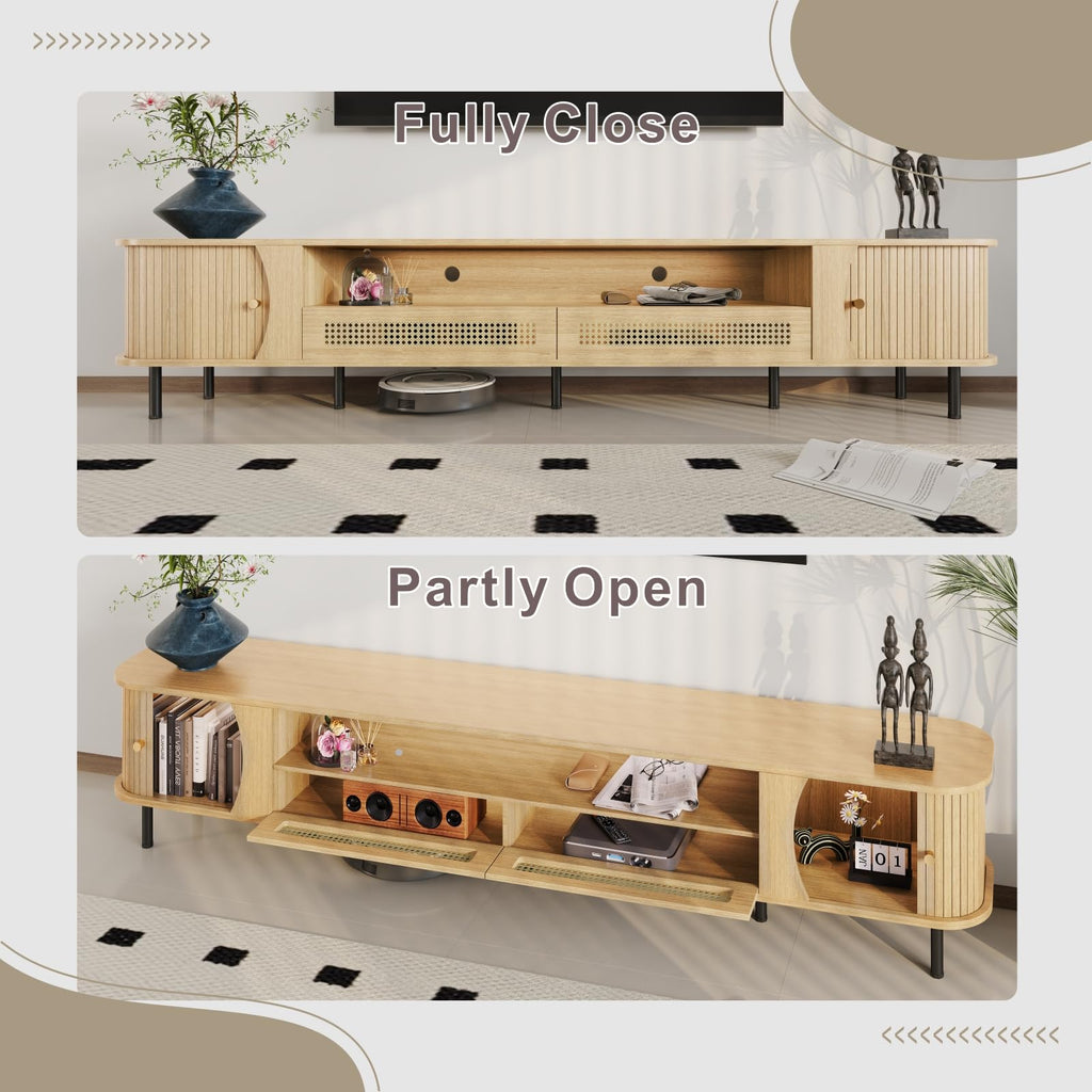 94" Mid Century Modern TV Stand, Wood TV Consoles with Sliding Doors and Rattan Door, Entertainment Center with