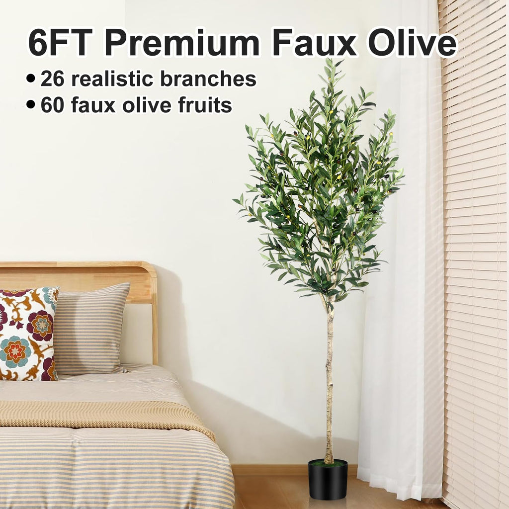 6FT Olive Tree Artificial Indoor - Tall Faux Olive Tree with Wood Trunk and Lifelike Fruits - Fake Plants in Pot