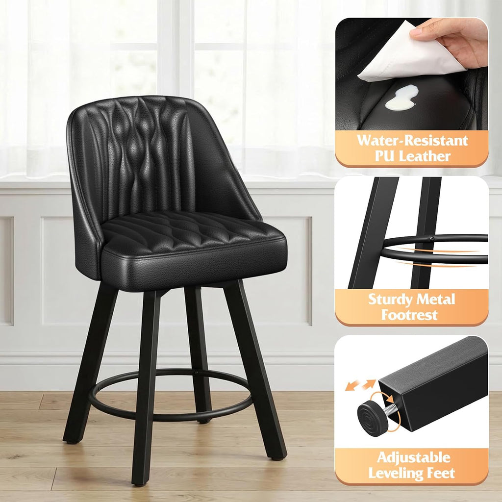 Swivel Bar Stools with Backs, 26 Inches Counter Height Bar Stools Set of 3, PU Leather Upholstered Counter Barstools