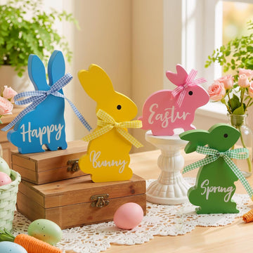 Easter Decor, Bunny Spring Easter Decorations Table, 5~6.4 Inches Wood Rabbit Easter Decorations Sign - Set of 4