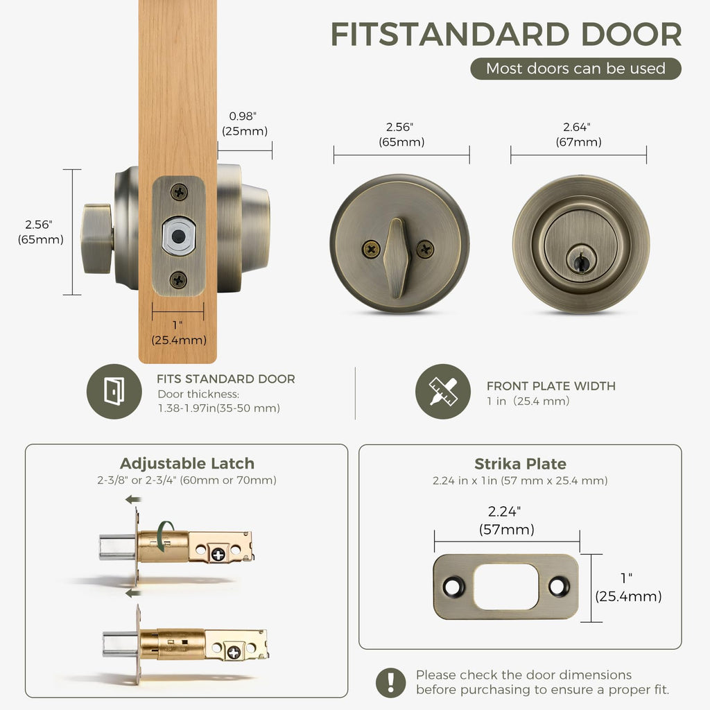 Single Cylinder Round Deadbolt Lock(1 Pack, Antique Brass)