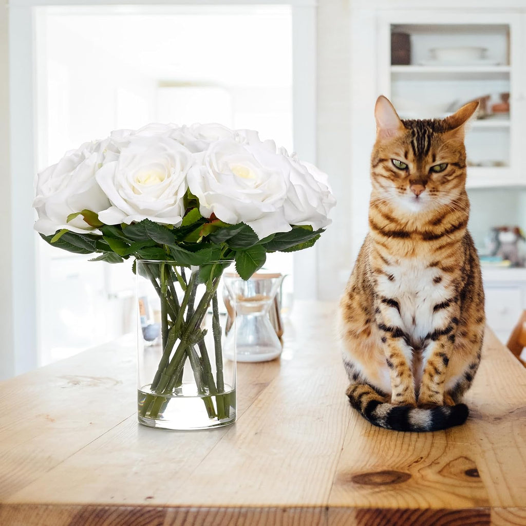 Luxury PU Fake Flowers in Vase with Faux Water, White Real Touch Roses Artificial Flowers with Glass Vase Home Dining