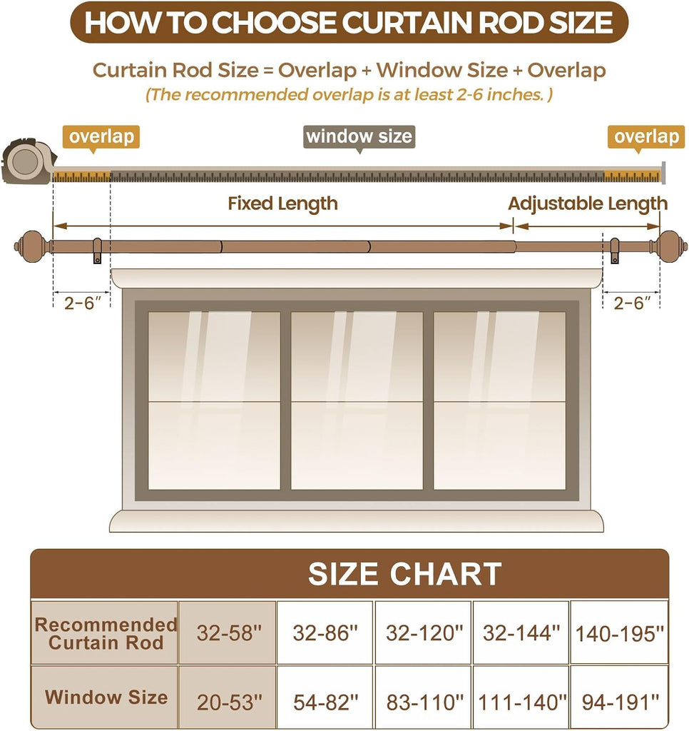 Curtain Rods 32 to 58 Inches (2.6-4.8ft), Antique Bronze Single Curtain Rod for Windows, 7/8 Inch Decorative Drapery
