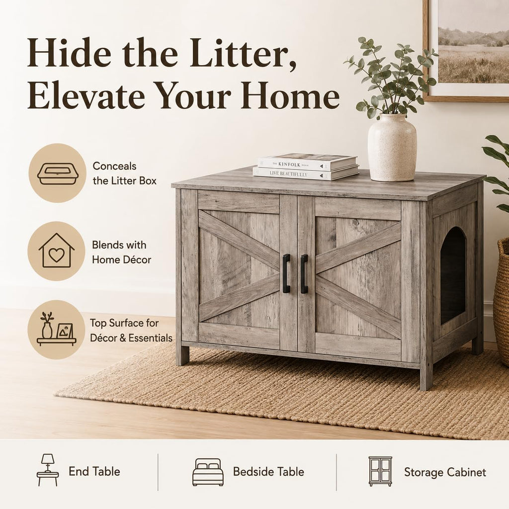 31.5" L Cat Litter Box Enclosure with Barn Door, Greige