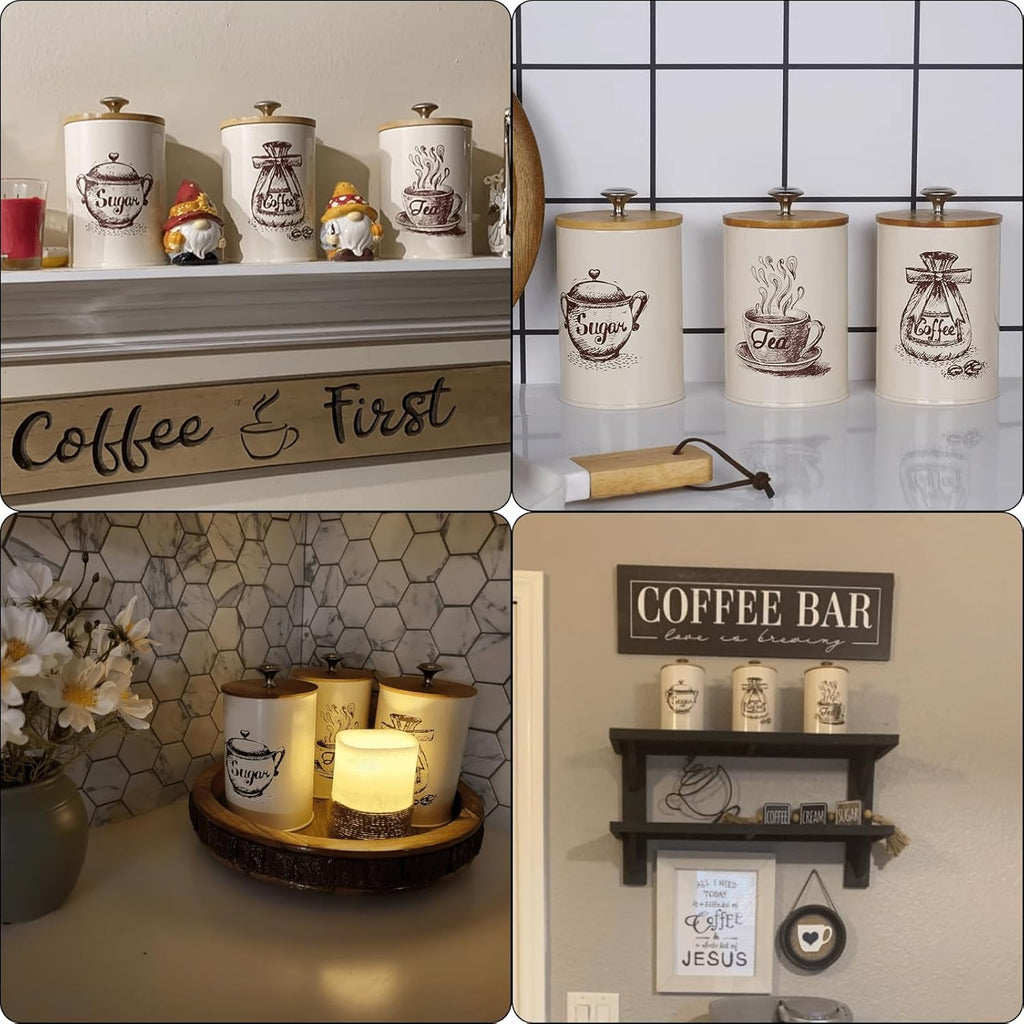 Small Canister Sets Counter, 25 Oz Coffee Sugar Tea Canister Set, Metal Vintage Kitchen Container 3 Pack, Food - Set of 3