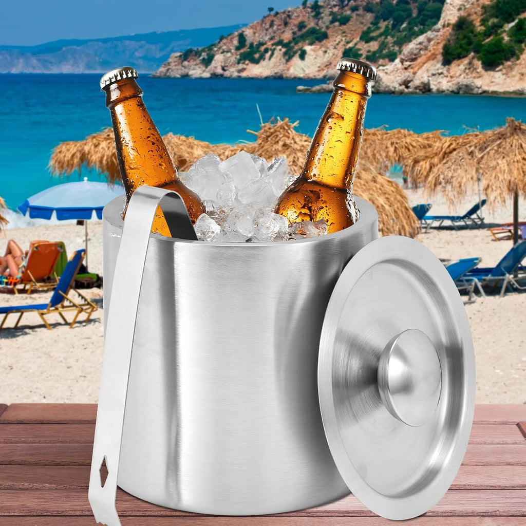 1.3L Stainless Steel Ice Bucket with Lid and Tongs, Small Double Wall Ice Pail Chill Container for Cocktails, Beer