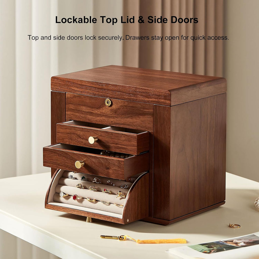 Black Walnut Wooden Jewelry Box for Women, 4 Layer