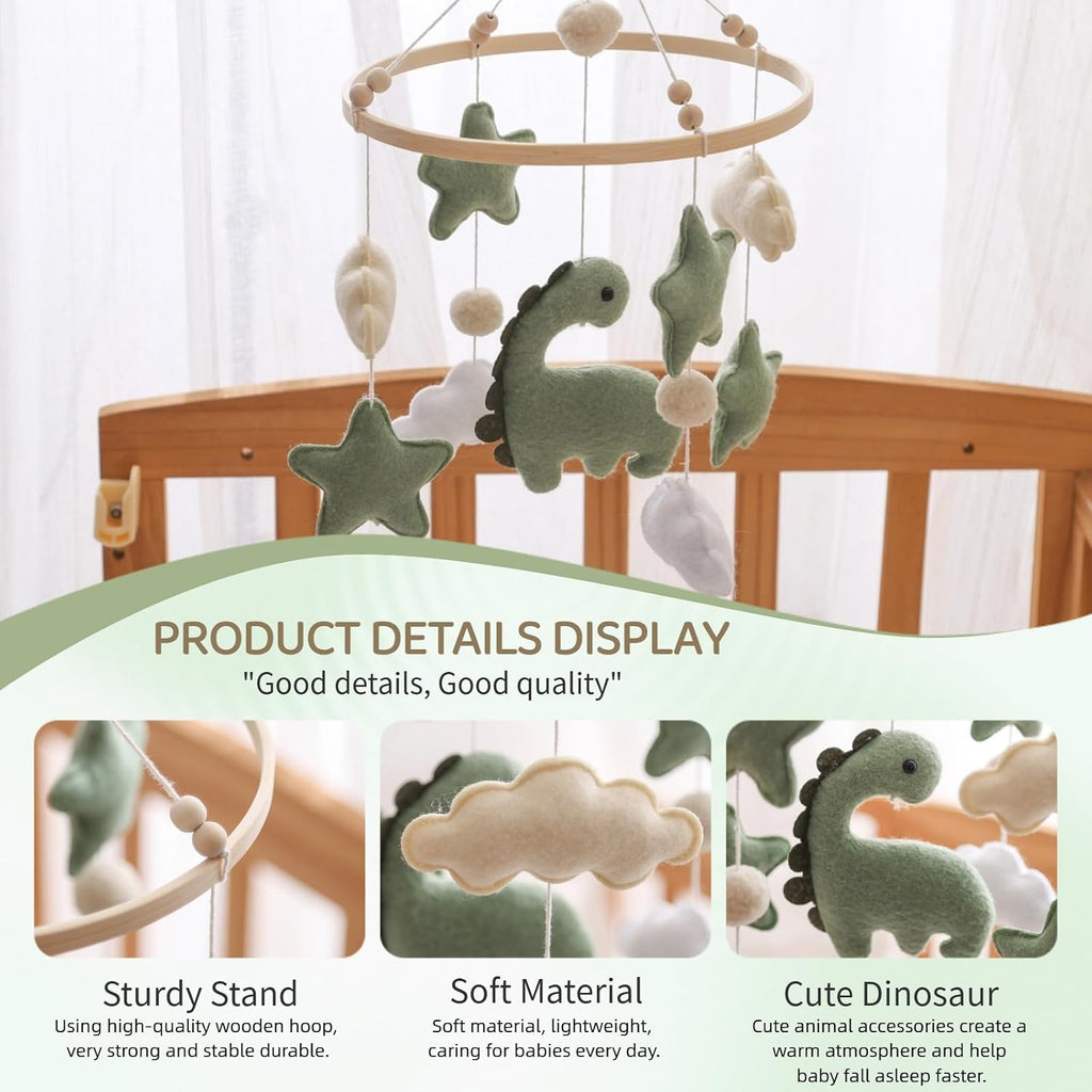Soft Green Dinosaur Theme Baby Mobile for Crib, Simple Crib Bell for Boys and Girls, Felt Clouds Nursery Ceiling