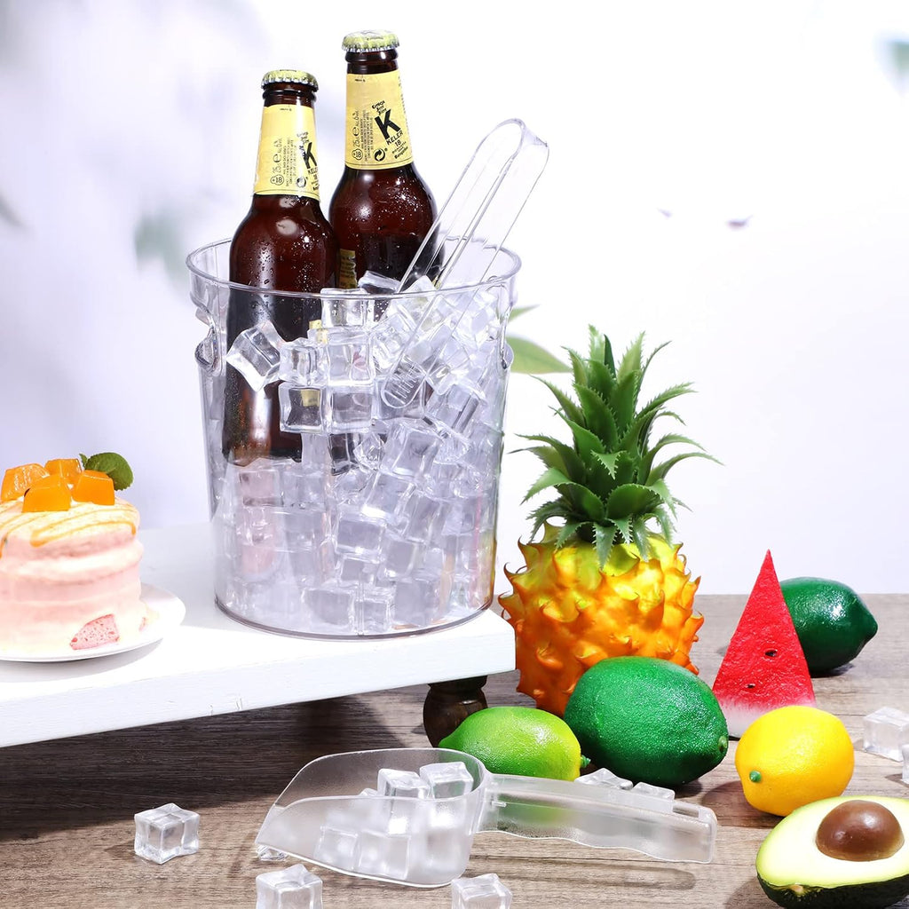 6 Set Plastic Ice Buckets for Parties with Handle, Scoop, Serving Tongs, Large Clear Ice Bucket Round Chiller
