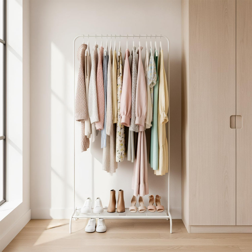 Small White Clothing Rack, Freestanding Metal Garment Rack with Bottom Shelf, Stable Clothes Rack for Small Spaces