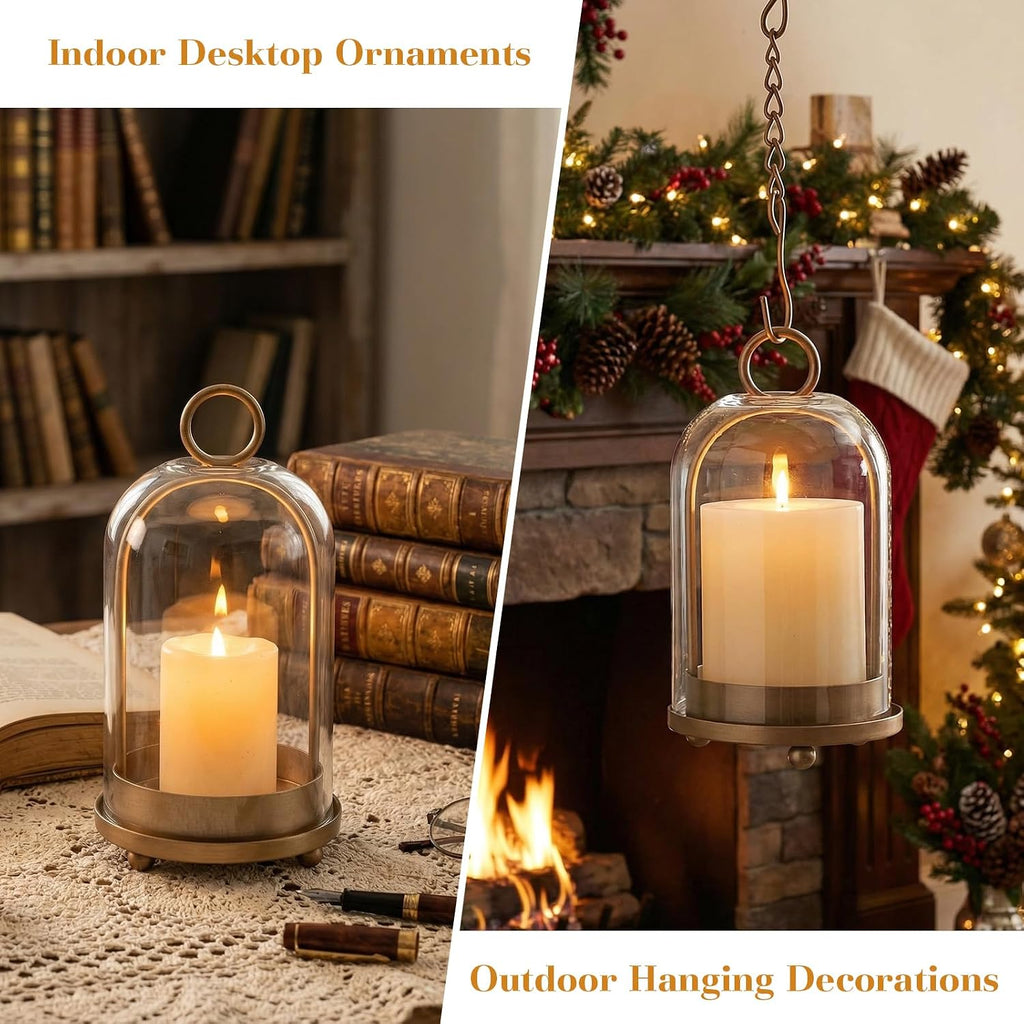 15"&9"&7" Hurricane Glass Candle Holders Set of 3, Metal Candle Holder with Handmade Glass Dome in Brass, Hanging