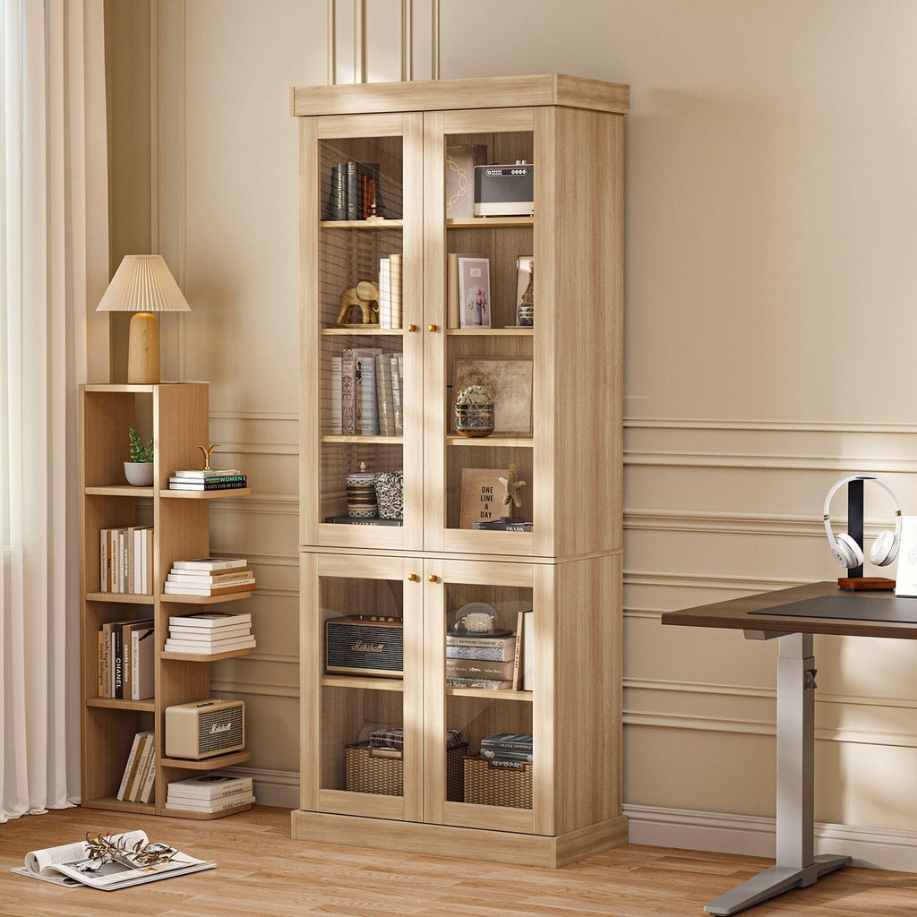 70.8" Tall Brown Bookshelf with Glass Doors, Farmhouse Modular Bookcase with 6-Tier Adjustable Shelves, Large Storage