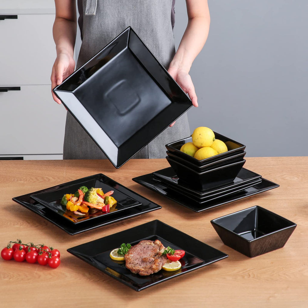 12-Piece Square Dinnerware Set, Service for 4, Porcelain Dishes Dinner, Square-Black