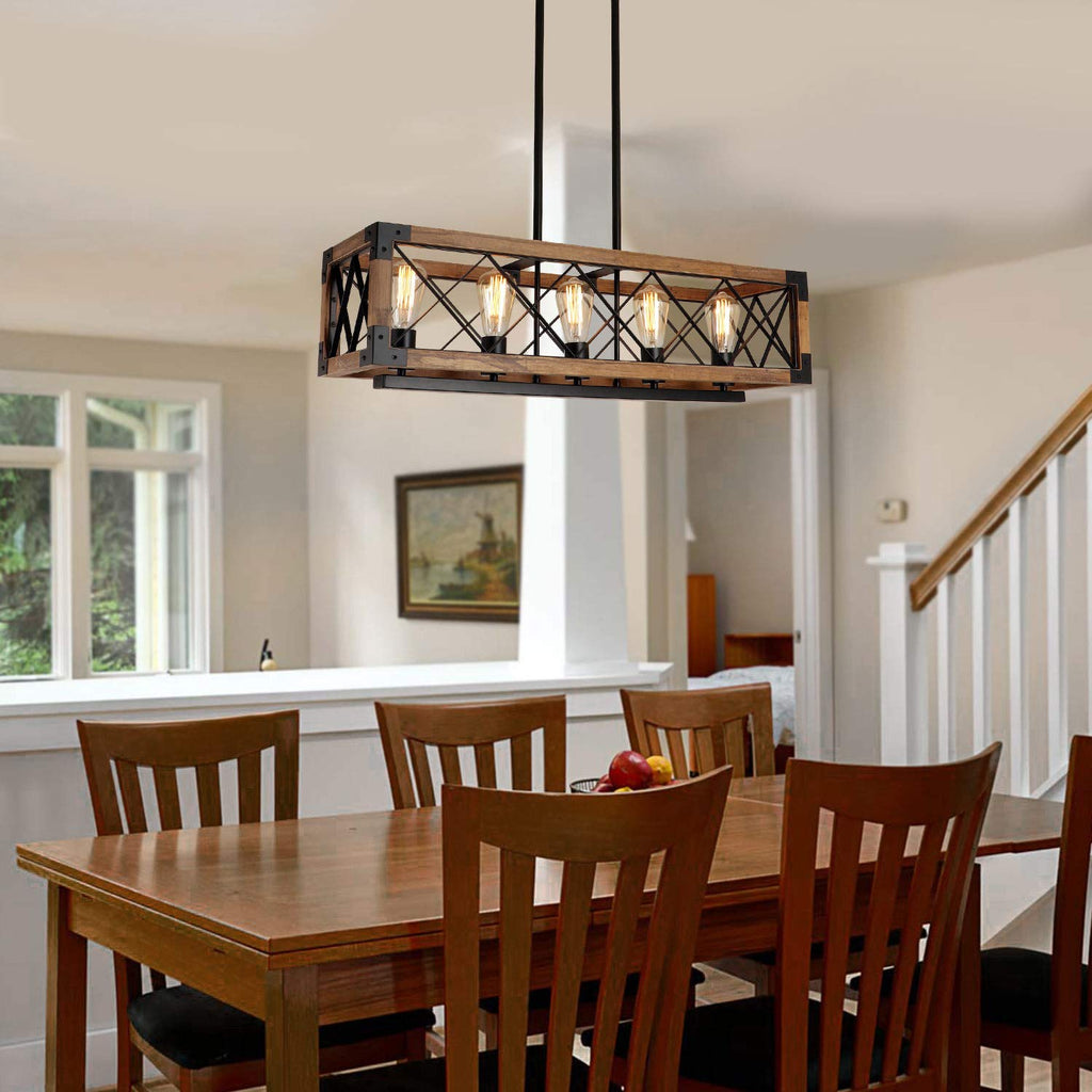 Rectangle Wood Chandelier Farmhouse Style Dining Room Kitchen Lighting Fixtures, 5 Lights Ceiling Hanging Pendant