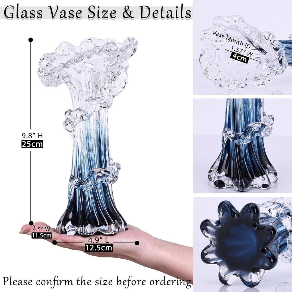Hand Blown Blue Glass Vase, Unique Art Beautiful Ocean Glass Vase for Coastal Home Decor, Coffee Table, Living Room