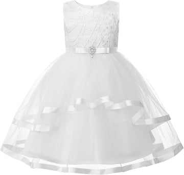 Flower Girl Dress Sleeveless Tulle Tutu Beaded Embroidery for Wedding Birthday Party