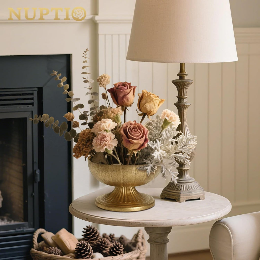 Gold Compote Vase for Centerpiece, 8.5" Wide Opening, 10 Pcs | Distressed Brass Urn, Short Pedestal Footed Bowl, for