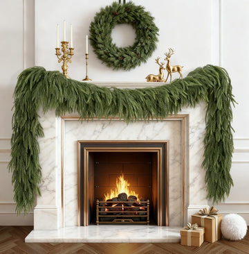 Upgrade 9FT Artificial Christmas Norfolk Pine and Cedar Garlands,Christma Real Touch Winter Pine Garland, Greenery