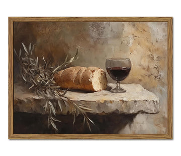 Christian Kitchen Communion Still Life Wall Art Bread and Wine Religion Wall Decor Painting Last Supper Dining Room