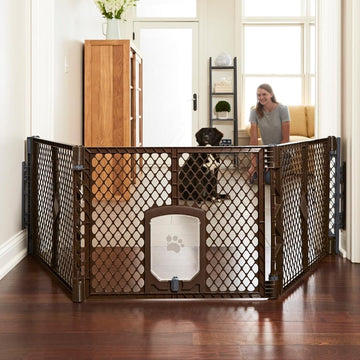 Extra Wide Dog Gate with Small Pet Door. 38.5" to 103.5" Wide. Cat Gate for Doorway. Made in USA. 26" Tall, Brown