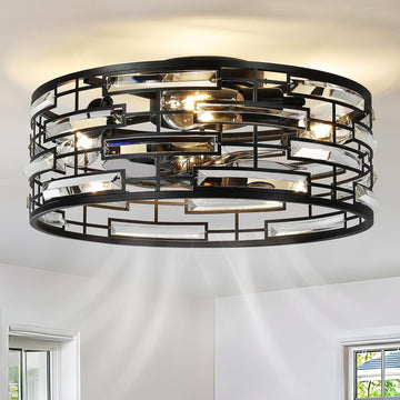 Crystal Caged Ceiling Fan with Light, 18.9'' Flush Mount Low Profile Fandelier, Black Industrial Farmhouse
