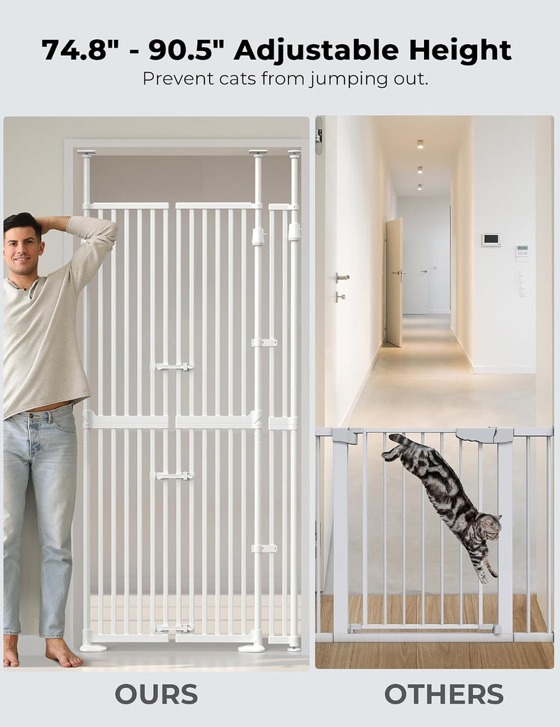 Extra Tall Cat Gate for Doorway: 74.8"-90.5" Tall Cat Gates for Pet 30.3"-38.2" Wide Pressure Mount No Wall Drilling