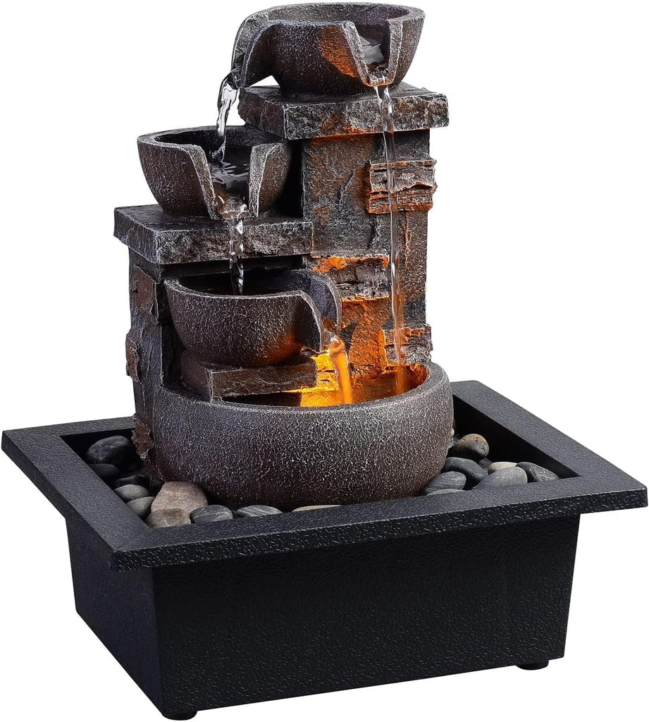 Décor Desktop Fountain - 10" 4-Tier Design with Imitation Stone, Indoor Waterfall Tabletop River Rocks & Resin