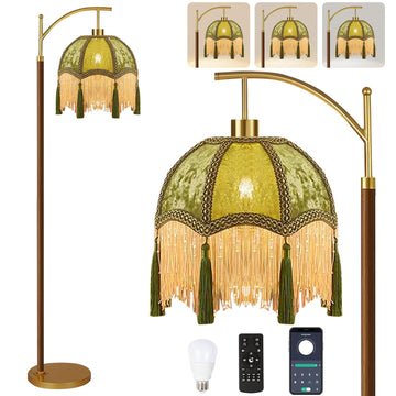 Gold Vintage Floor Lamp Bedroom, Arc Victorian Floor Lamps with Remote, Wood Standing Tall Lamp with Green Tassels