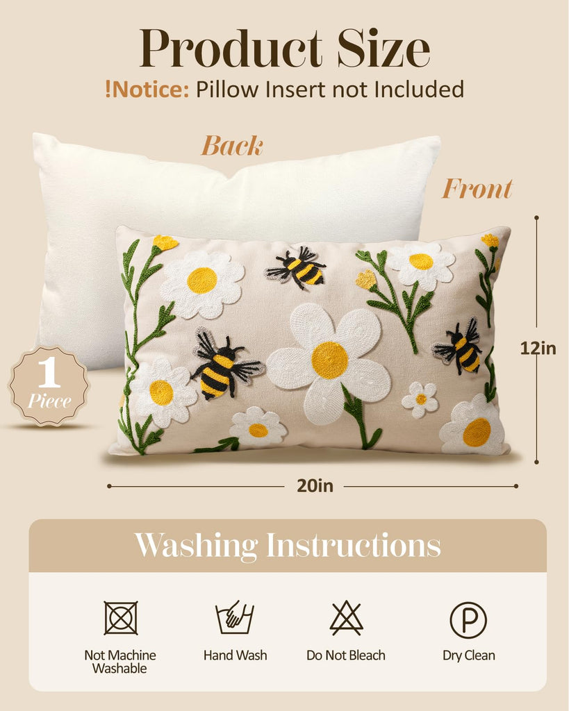 Embroidered Lumbar Pillow Cover 20x12 Inch, Flower Bee