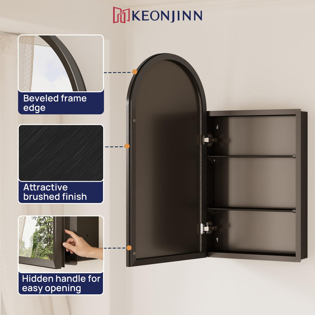 Black Medicine Cabinet with Mirror 16"x30", Arched Wall Cabinet