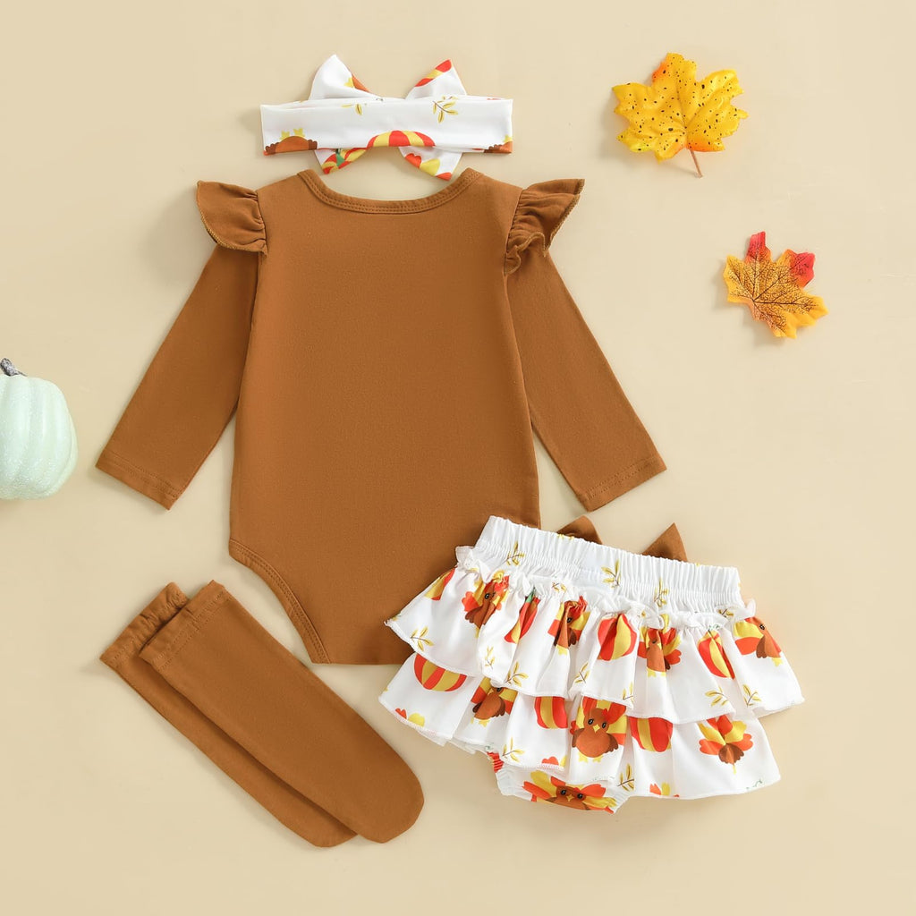 Newborn Baby Girl Thanksgiving Outfit Turkey Clothes Long Sleeve Romper+Bloomers Tutu Skirt+Socks+Headband 4Pcs