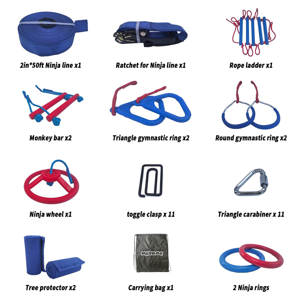 50FT Slackline Kit with 10 Accessories Ninja Warrior Obstacle Course