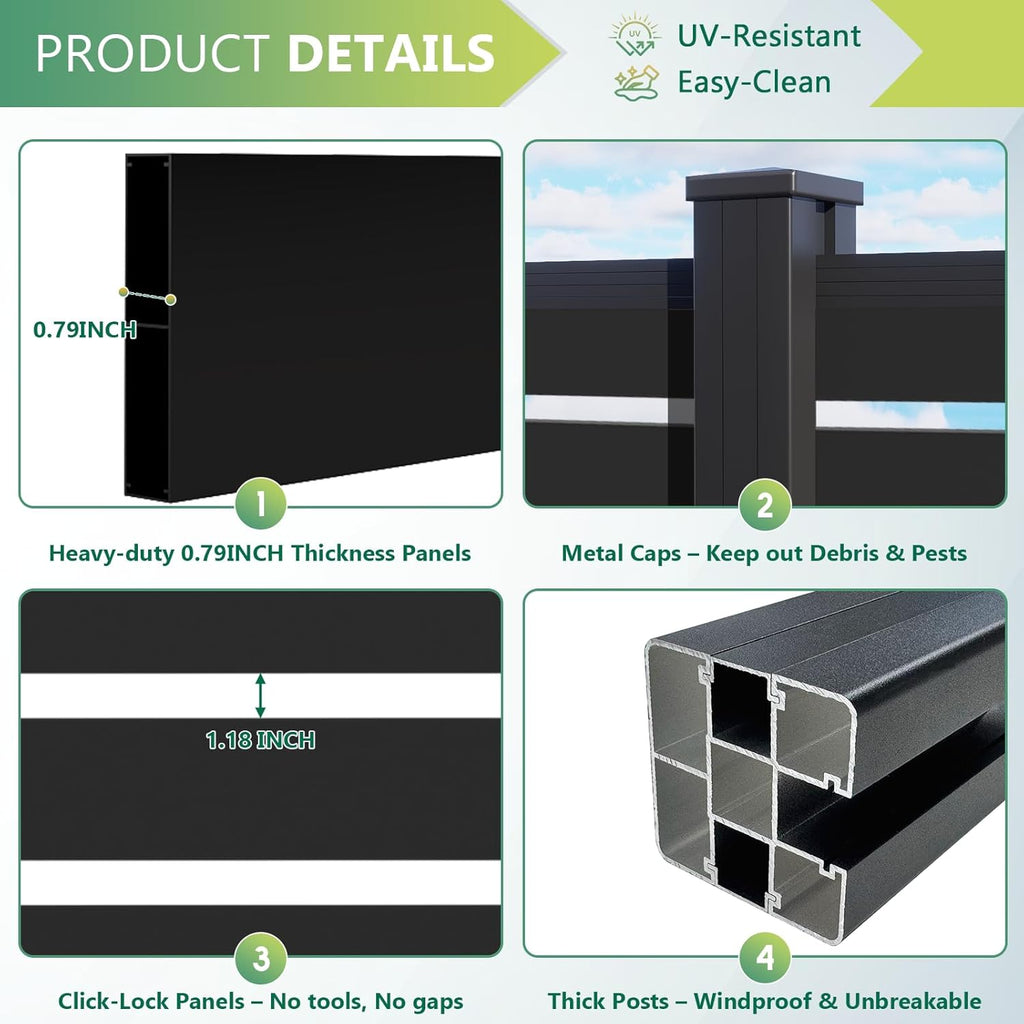 Aluminum Privacy Fence Panels for Outside, 6ft x 6ft Horizontal Metal Fencing with 1 No-Dig Post, Rustproof & Wind