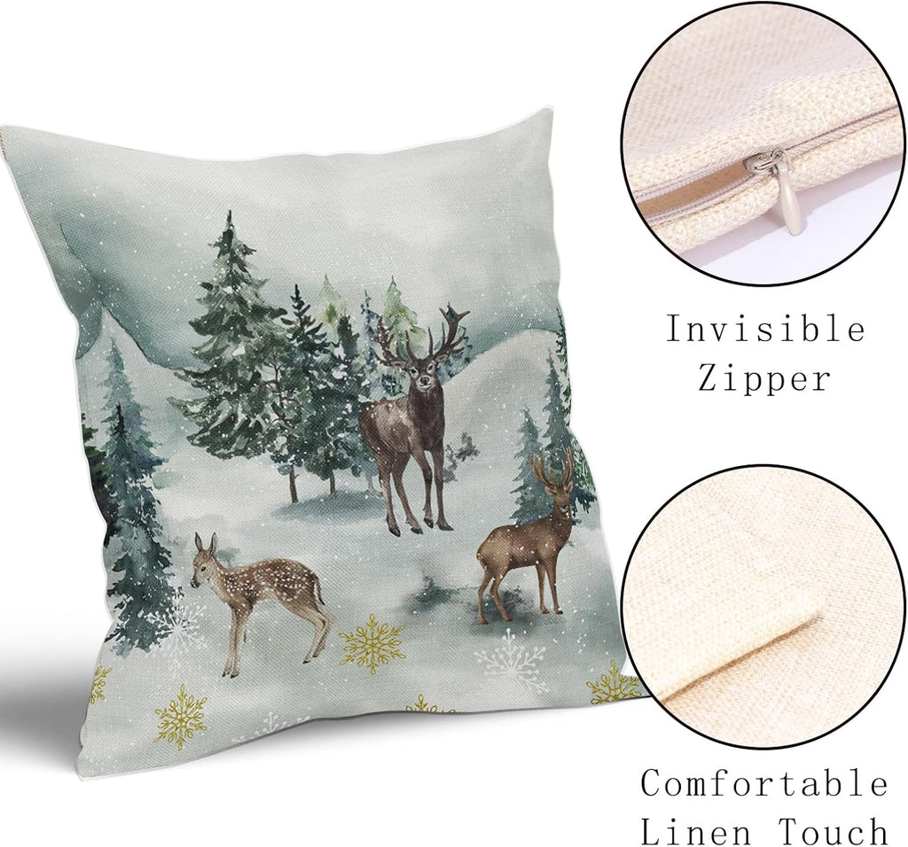 Christmas Pillow Covers 18X18 Inch Winter Watercolor Deer Trees Snowflakes Decorative Square Pillow Cases - Set of 2