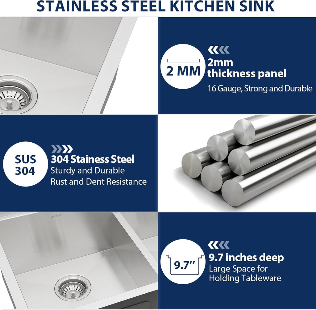 Undermount Double Kitchen Sink 32 Inch 16 Gauge Undermount Workstation 60/40 Double Bowl Sink Stainless Steel with