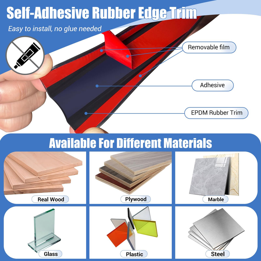 Rubber Edge Trim, Self-Adhesive U Channel Edge Protector for Plywood, Cabinet, 5/8" Wood Edge Banding, Flexible