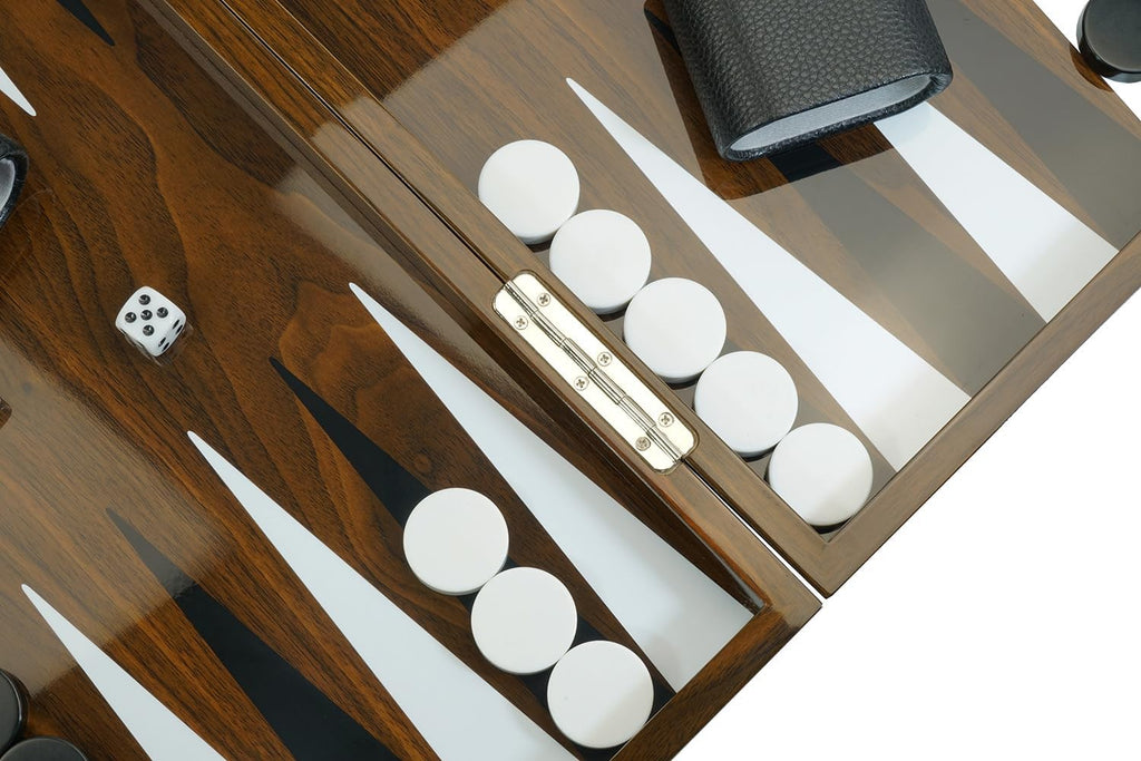 Deluxe Wood 18" Lacquered Backgammon Board Game Set with Premium Leather Dice Cups and Acrylic Game Chips