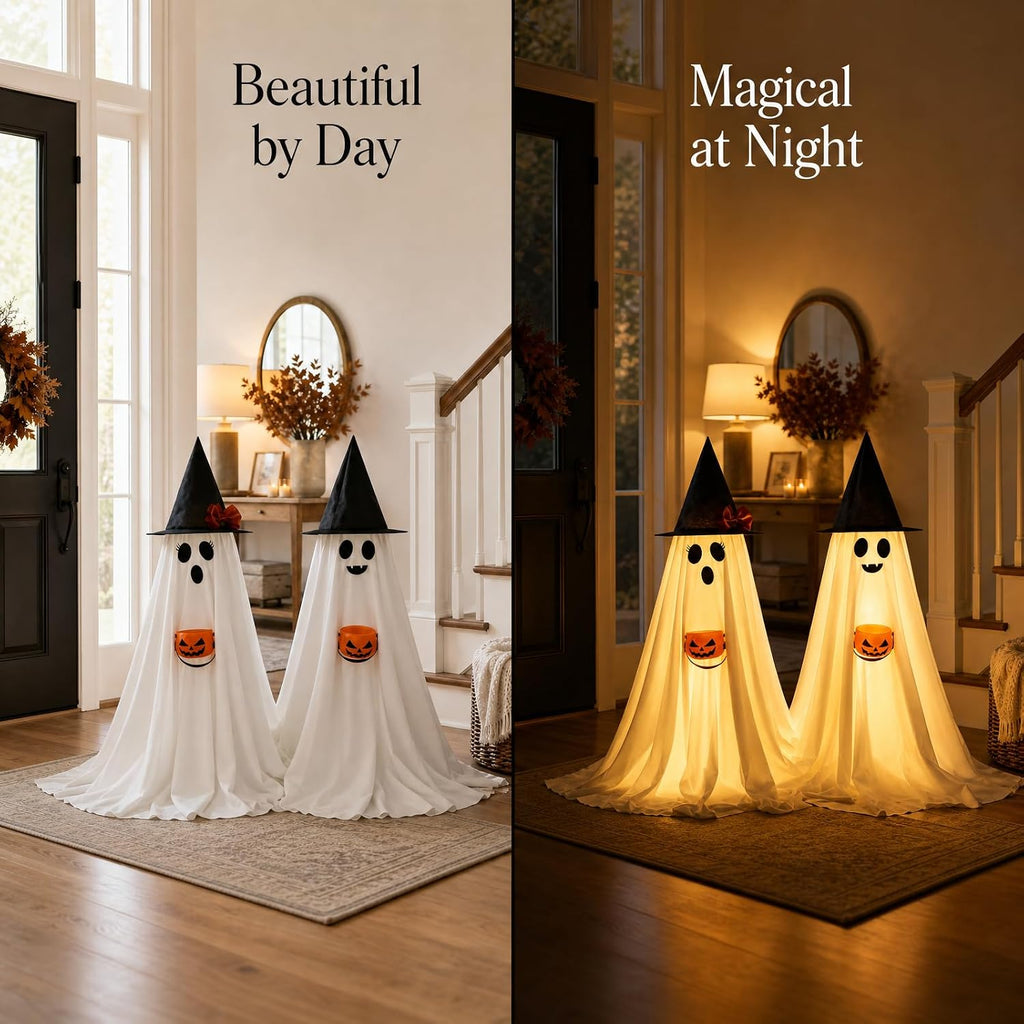 Halloween Decorations Indoor Lighted Ghost, 2 Pack Cute Light Up Ghosts - Set of 2