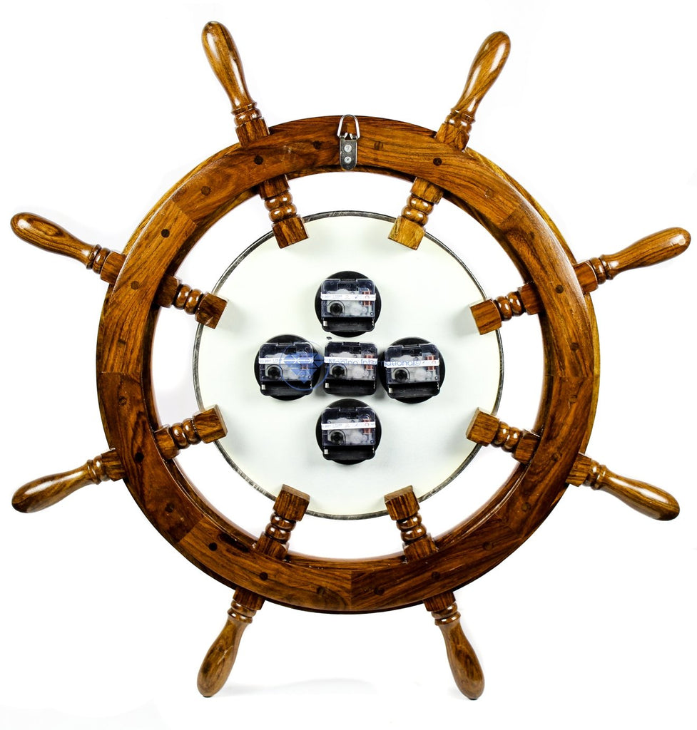 30" Premium Mahogany Crafted Large Nautical Ship's Wheel Times World Clock | Nautical Home Decor & Gifts (30 Inches