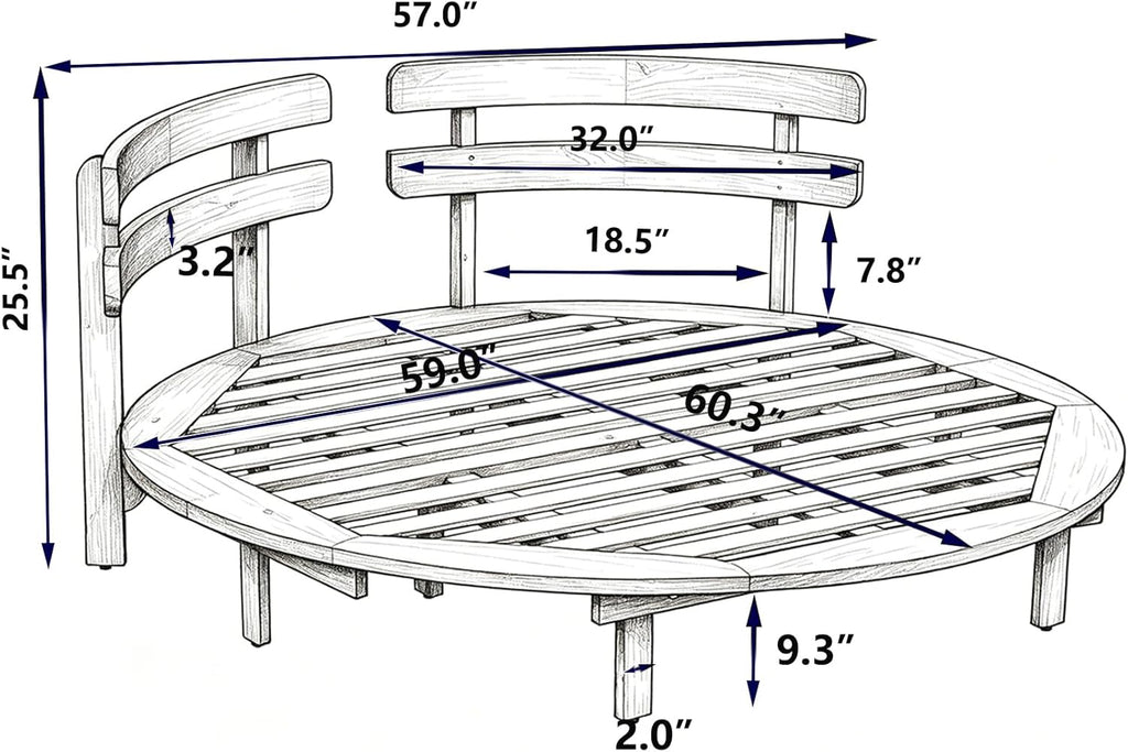 Outdoor Acacia Wood Round Daybed with Curved Slatted Backrest, Cushion and 4 Pillows, All Weather Patio Double