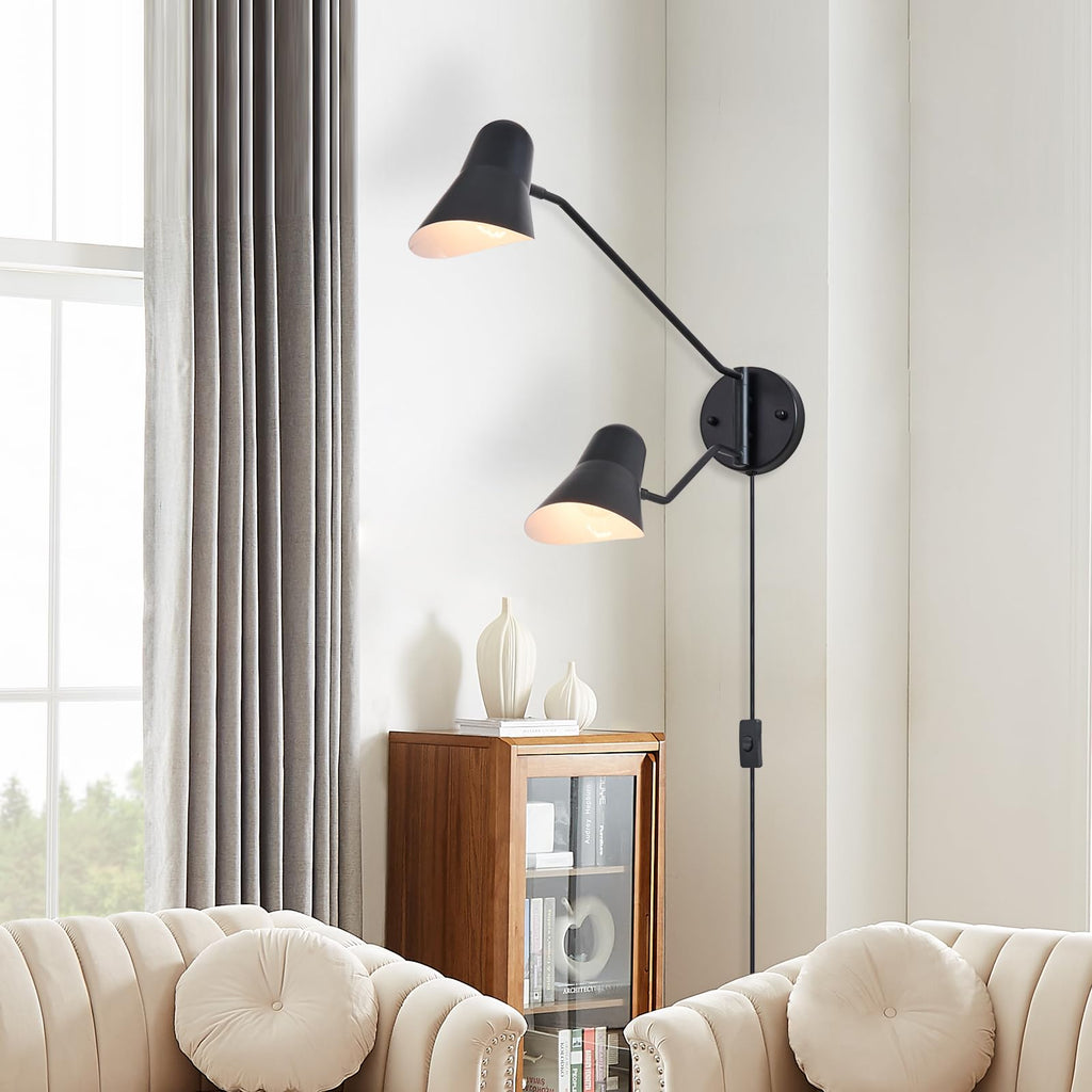 Modern 2-Lights Swing Arm Wall Sconces Black Plug in Wall Light 180° Rotatable Wall Mount Lamp with ON/Off Cord, E26