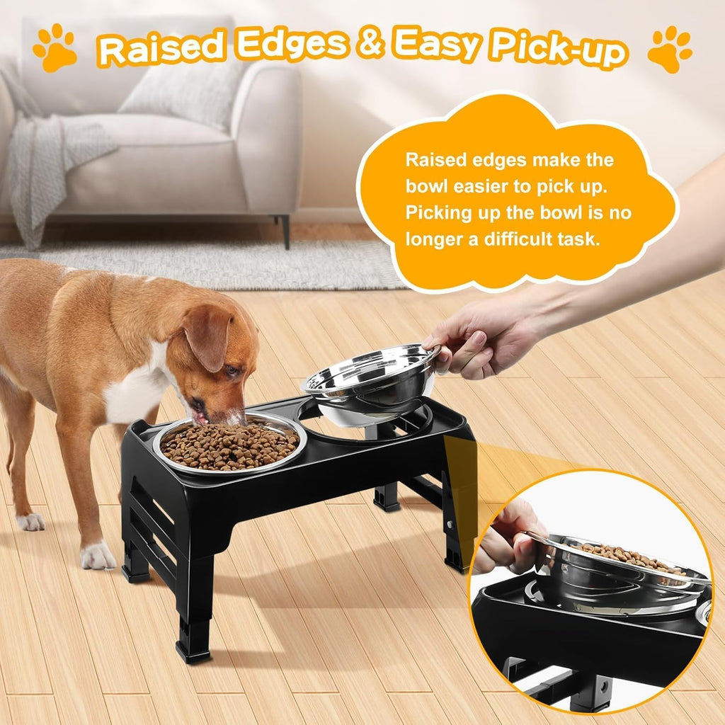 Elevated Dog Bowls for Small Medium Dogs, 3 Height Adjustable Raised Stand with 2 Thick 6" Stainless Steel Food