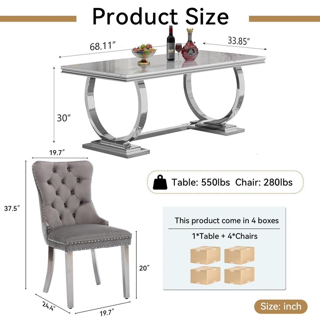 5 Piece Silver Dining Table Set for 4, 68.11" White Faux Marble Kitchen Table with 4 Velvet Chairs, Modern Dining Room
