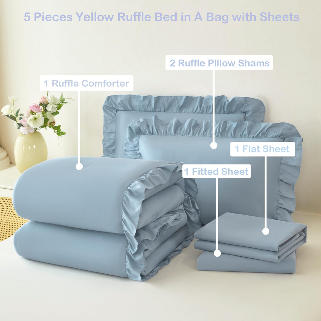 5Pcs Comforter Sets Dusty Blue Ruffle Bedding Sets